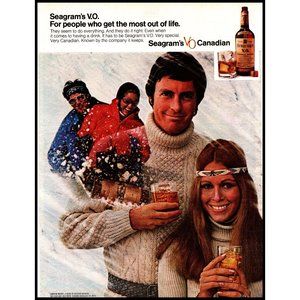 1971 Seagram's V.O. Whisky Whiskey Vintage Print Ad Winter Snow Toboggan Photo